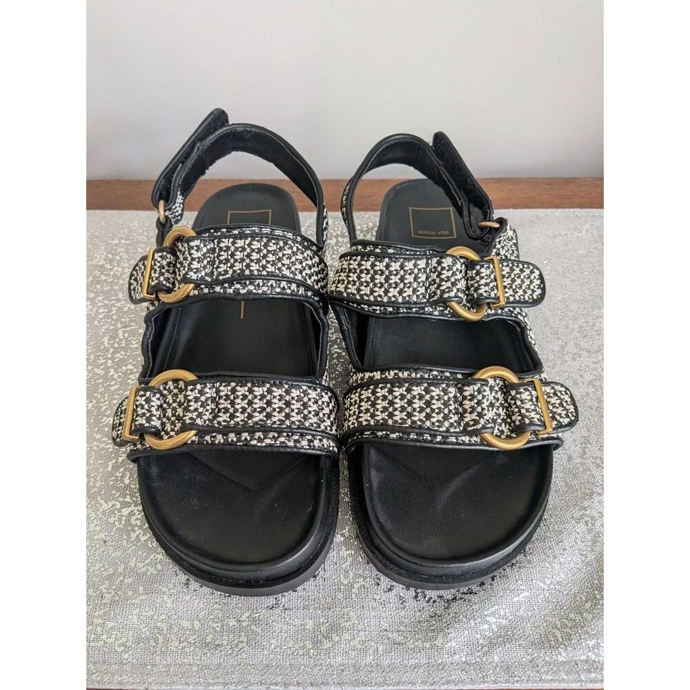 Dolce Vita Shelli Sandals Womens 9.5 Black Bridge Raffia Buckle Casual Shoes NEW - Picture 2 of 10